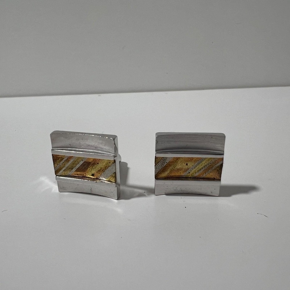Vintage Anson Silver tone square cufflinks w mixed metal rectangle bullet back